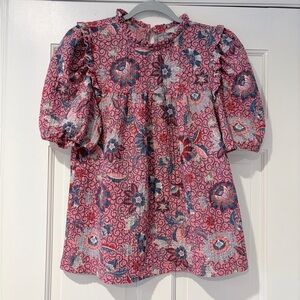 LOFT Dahlia Textured Ruffle Puff Sleeve Top Pink Size Small